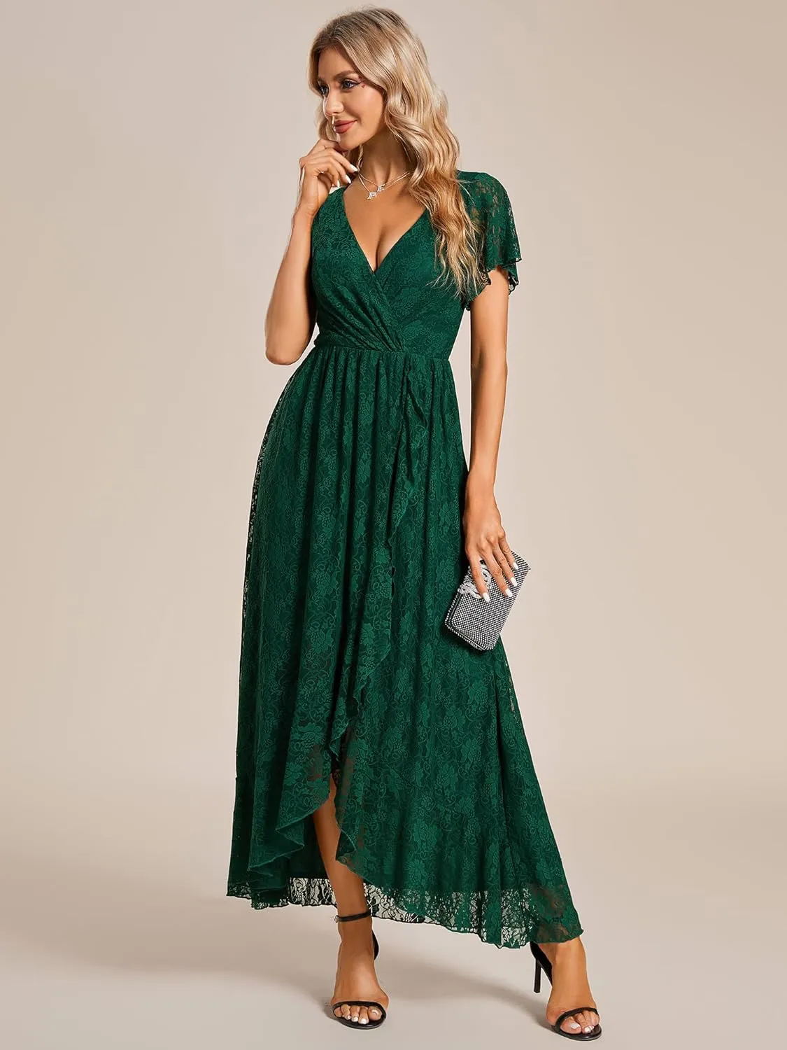 Ever-Pretty Women's Lace V Neck Ruffles Sleeves Pleated Empire Waist A-Line Maxi Formal Dresses 01489