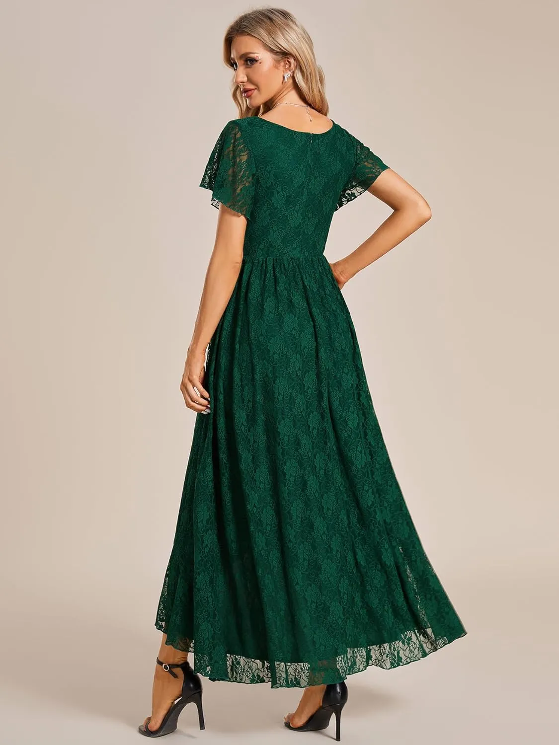 Ever-Pretty Women's Lace V Neck Ruffles Sleeves Pleated Empire Waist A-Line Maxi Formal Dresses 01489