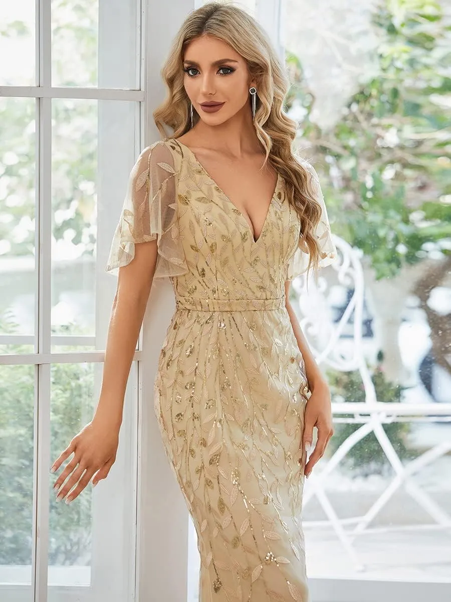 Ever-Pretty Women's Ruffles Sleeves Sequin Embroidery Evening Mother of The Bride Dress 00692