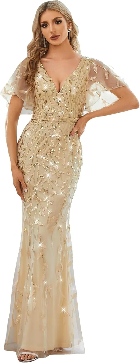 Ever-Pretty Women's Ruffles Sleeves Sequin Embroidery Evening Mother of The Bride Dress 00692