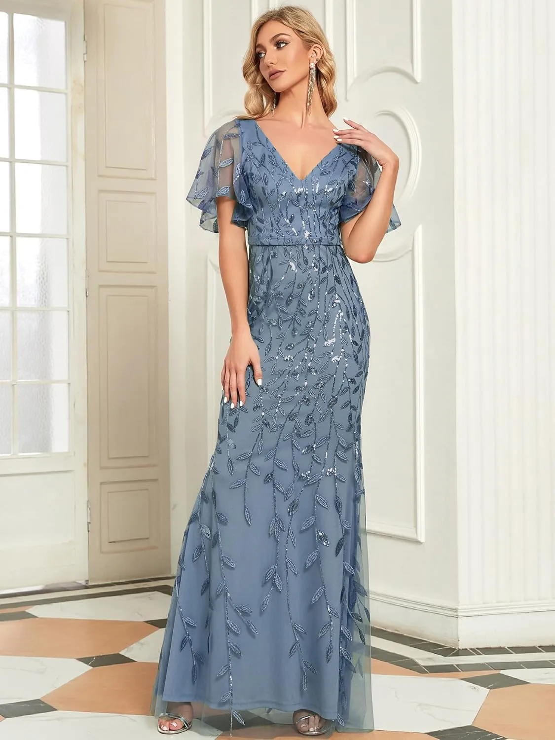 Ever-Pretty Women's Ruffles Sleeves Sequin Embroidery Evening Mother of The Bride Dress 00692