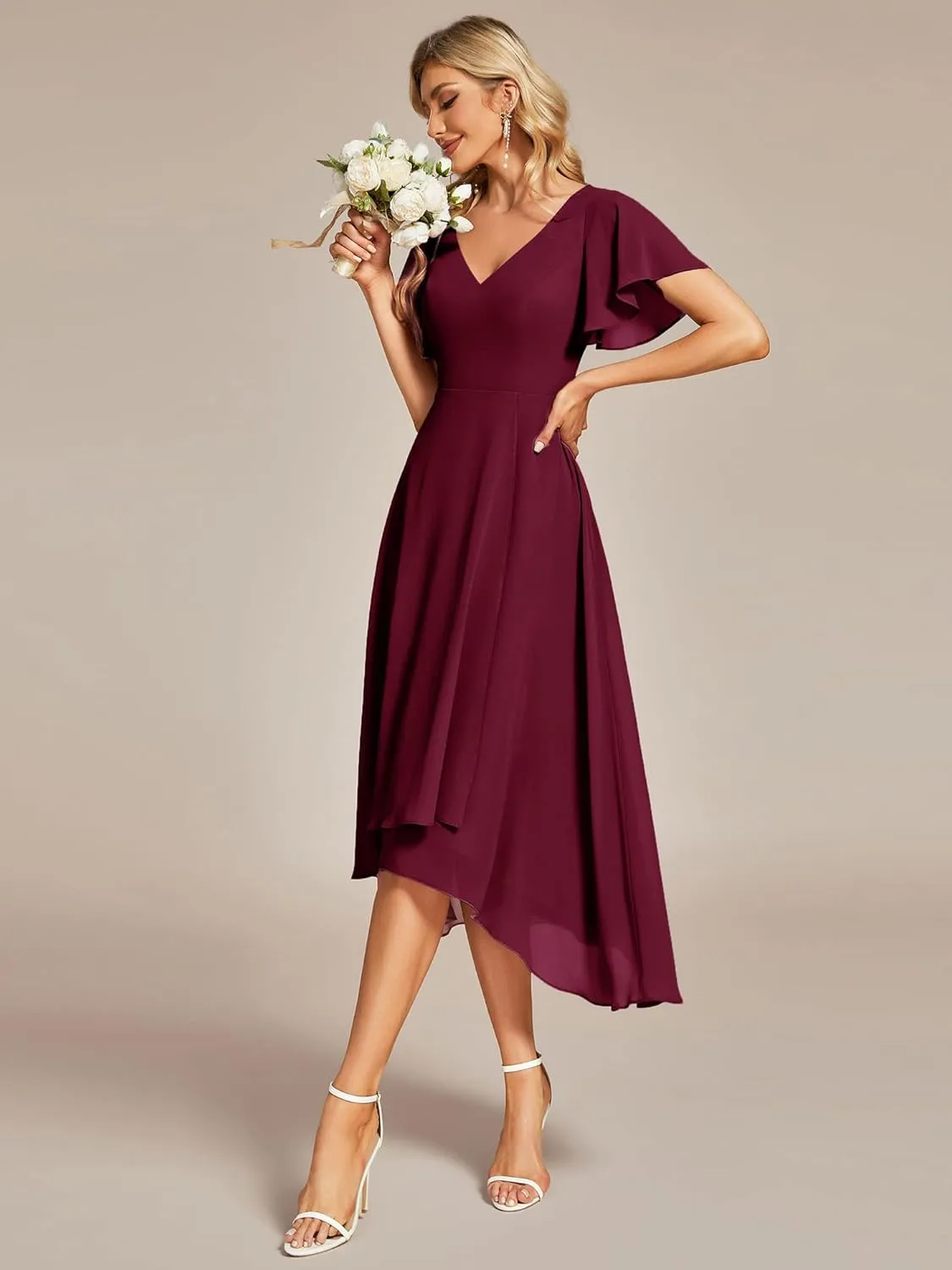 Ever-Pretty Women's V Neck Ruffle Sleeves Irregular Chiffon A-Line Midi Wedding Guest Dresses 01756