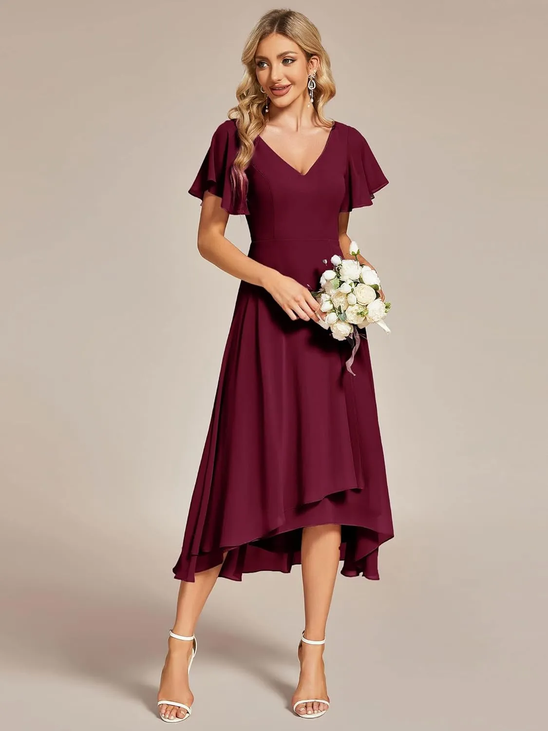Ever-Pretty Women's V Neck Ruffle Sleeves Irregular Chiffon A-Line Midi Wedding Guest Dresses 01756