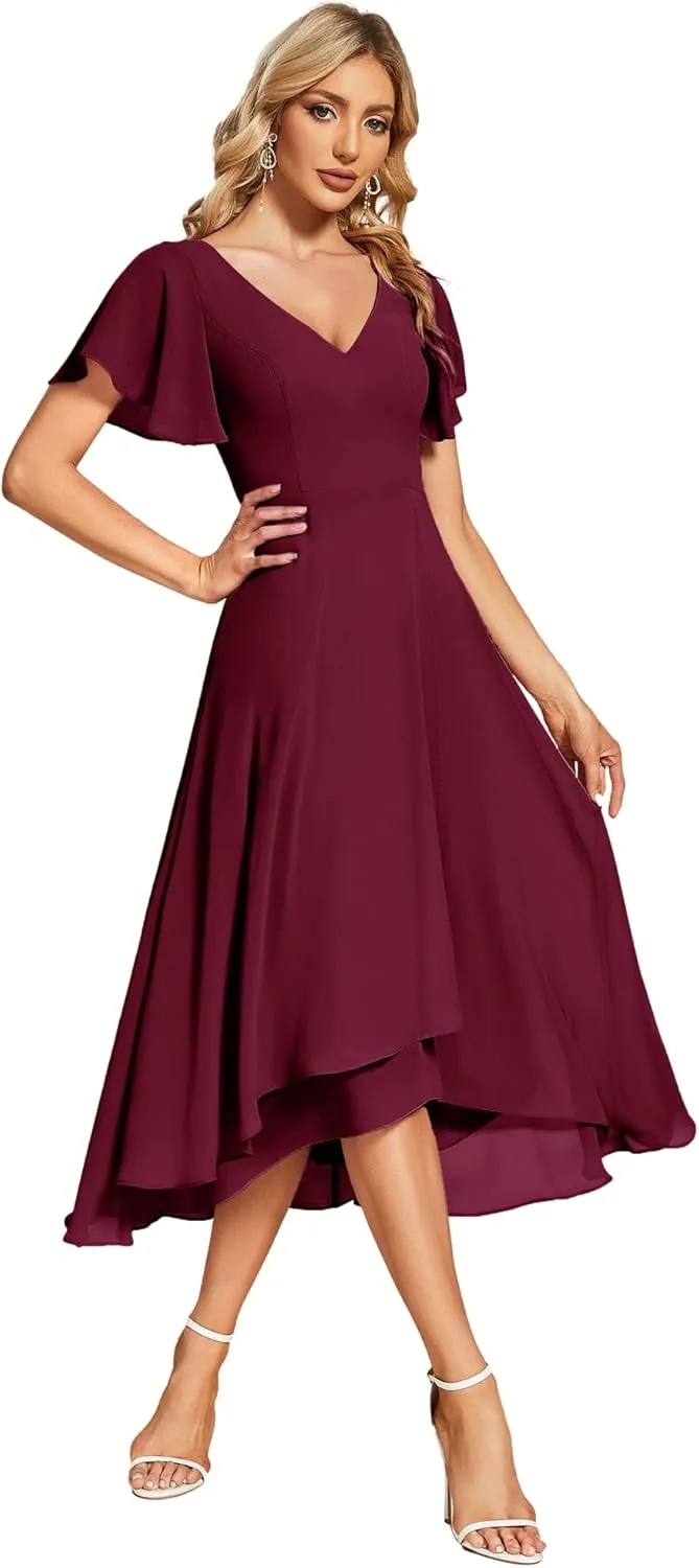 Ever-Pretty Women's V Neck Ruffle Sleeves Irregular Chiffon A-Line Midi Wedding Guest Dresses 01756