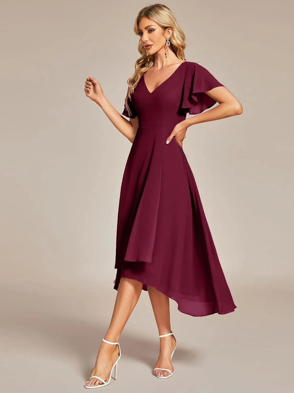 Ever-Pretty Women's V Neck Ruffle Sleeves Irregular Chiffon A-Line Midi Wedding Guest Dresses 01756