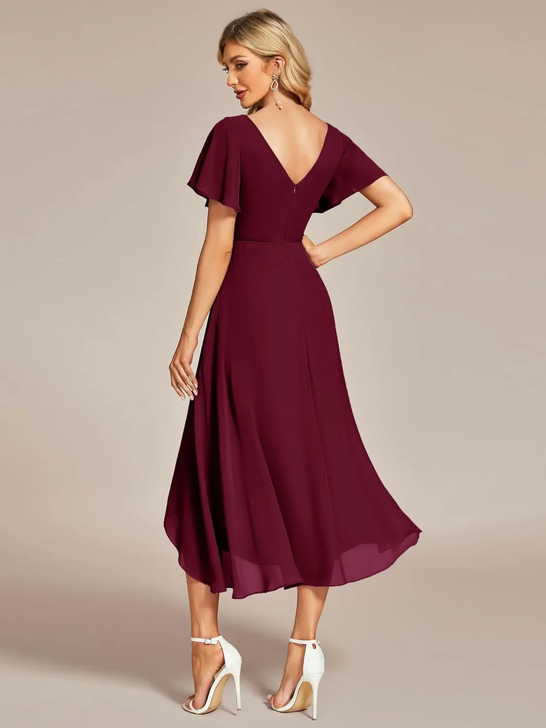 Ever-Pretty Women's V Neck Ruffle Sleeves Irregular Chiffon A-Line Midi Wedding Guest Dresses 01756