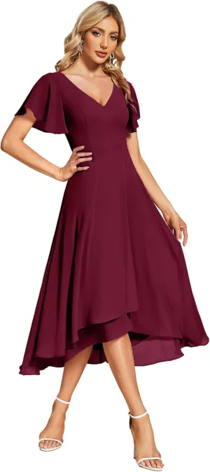 Ever-Pretty Women's V Neck Ruffle Sleeves Irregular Chiffon A-Line Midi Wedding Guest Dresses 01756