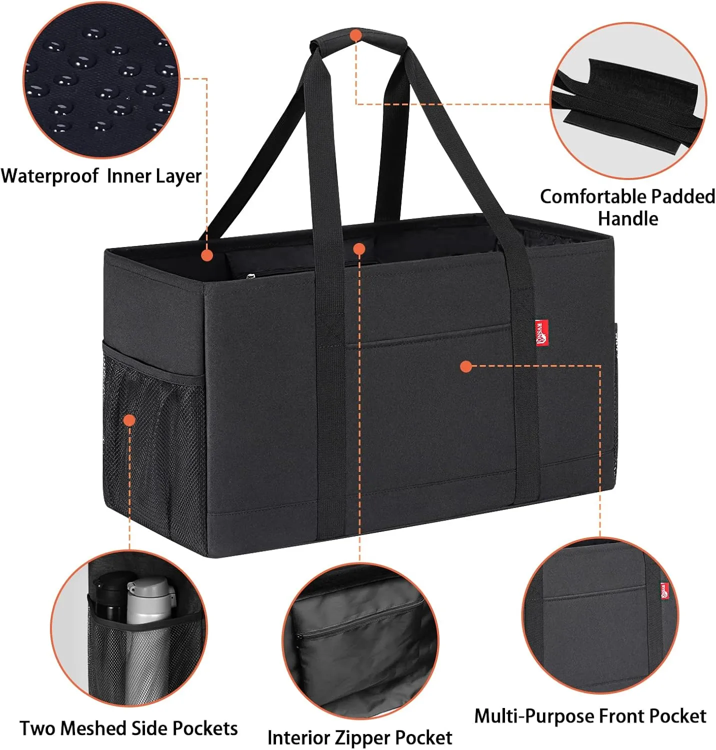 Extra Large Utility Tote Bag, Foldable Reusable Grocery Bags with Metal Wire Frame & Reinforced Bottom Board, Stand Up Large Utility Tote for Shopping, Beach Bag, Laundry, Car (Black)