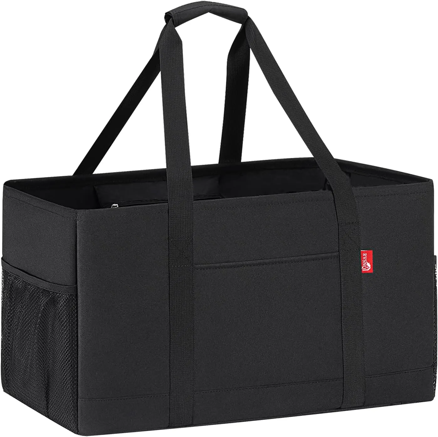 Extra Large Utility Tote Bag, Foldable Reusable Grocery Bags with Metal Wire Frame & Reinforced Bottom Board, Stand Up Large Utility Tote for Shopping, Beach Bag, Laundry, Car (Black)