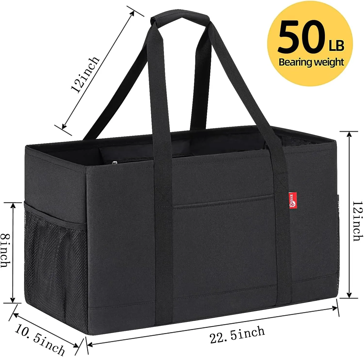 Extra Large Utility Tote Bag, Foldable Reusable Grocery Bags with Metal Wire Frame & Reinforced Bottom Board, Stand Up Large Utility Tote for Shopping, Beach Bag, Laundry, Car (Black)