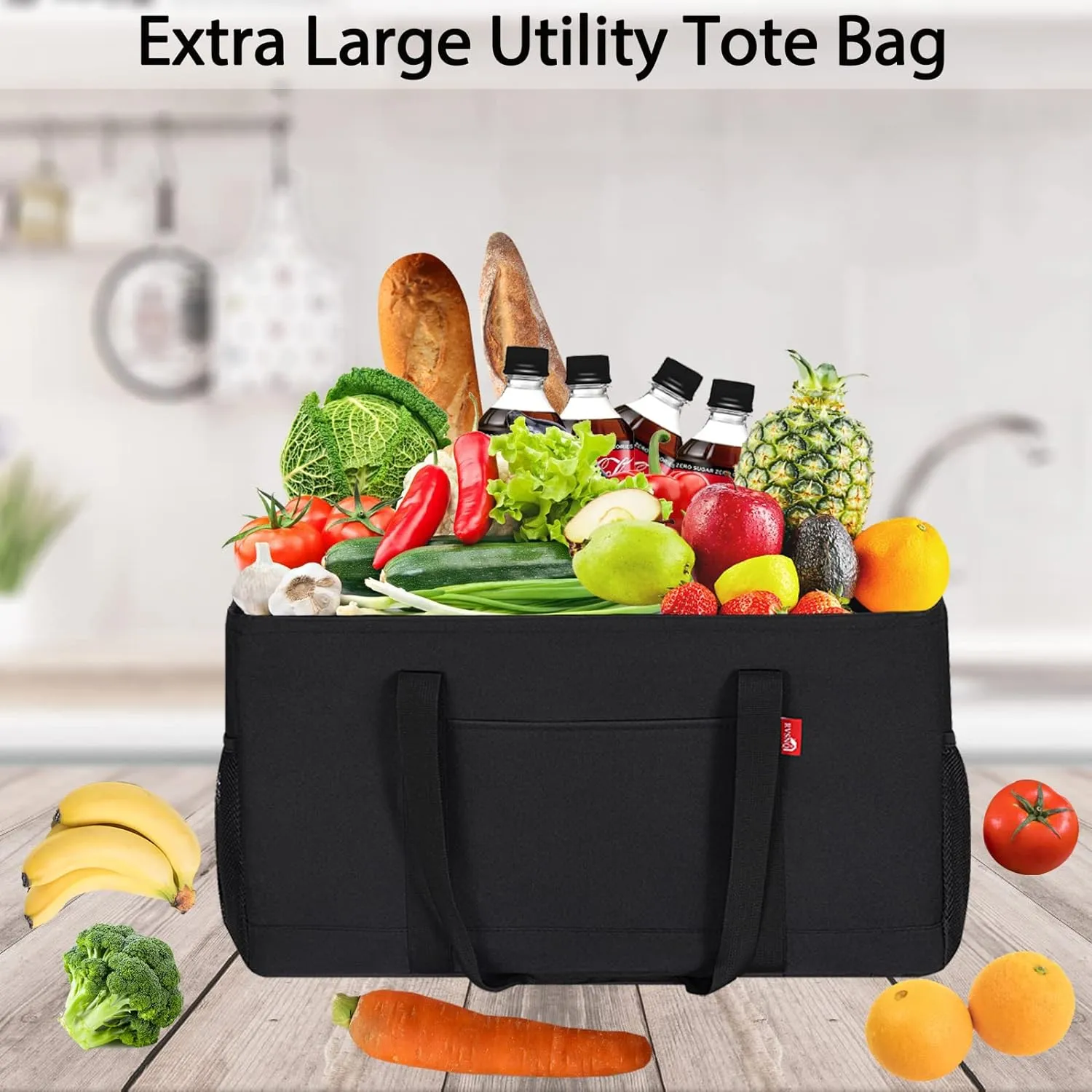 Extra Large Utility Tote Bag, Foldable Reusable Grocery Bags with Metal Wire Frame & Reinforced Bottom Board, Stand Up Large Utility Tote for Shopping, Beach Bag, Laundry, Car (Black)