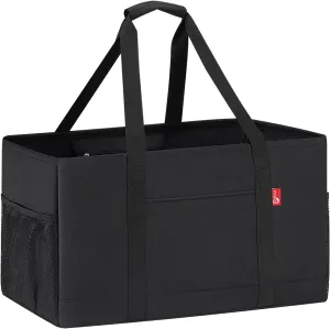 Extra Large Utility Tote Bag, Foldable Reusable Grocery Bags with Metal Wire Frame & Reinforced Bottom Board, Stand Up Large Utility Tote for Shopping, Beach Bag, Laundry, Car (Black)