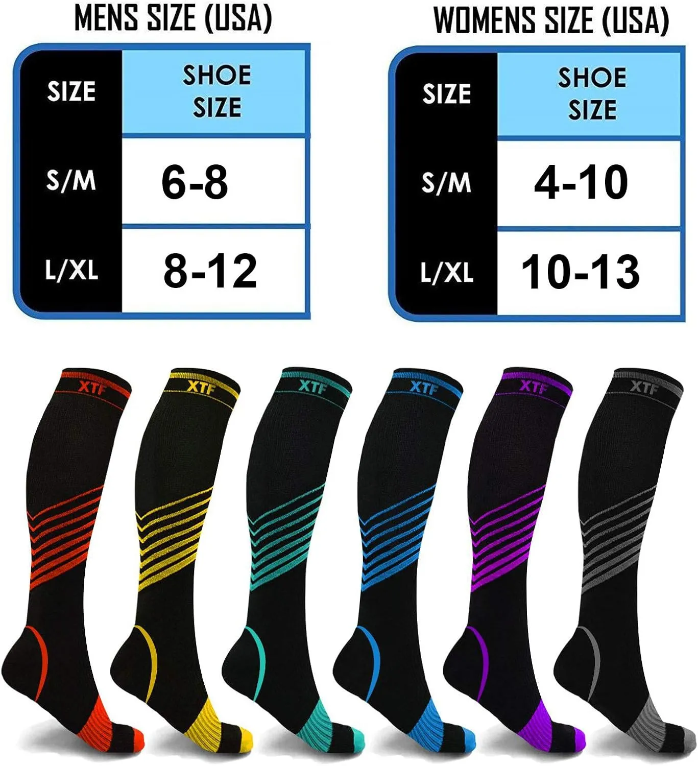Extreme Fit Sport Compression Socks for Men and Women Knee High - Made for Running, Athletics, Pregnancy and Travel - 6 Pair