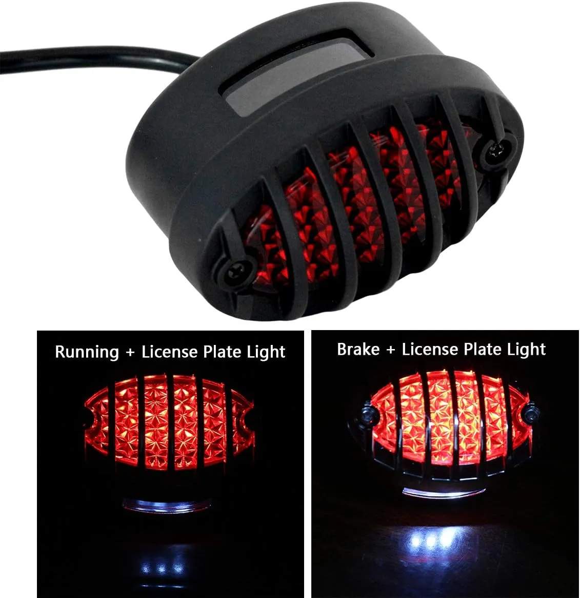 FATECIM Motorcycle Custom Oval-shaped LED Tail Light Cat Eye Rear Running Light Brake Light Stop Light Red Lens Integrated License Plate Lamp Universal Fit for Motorcycle/Cruisers/Bikes (Black)