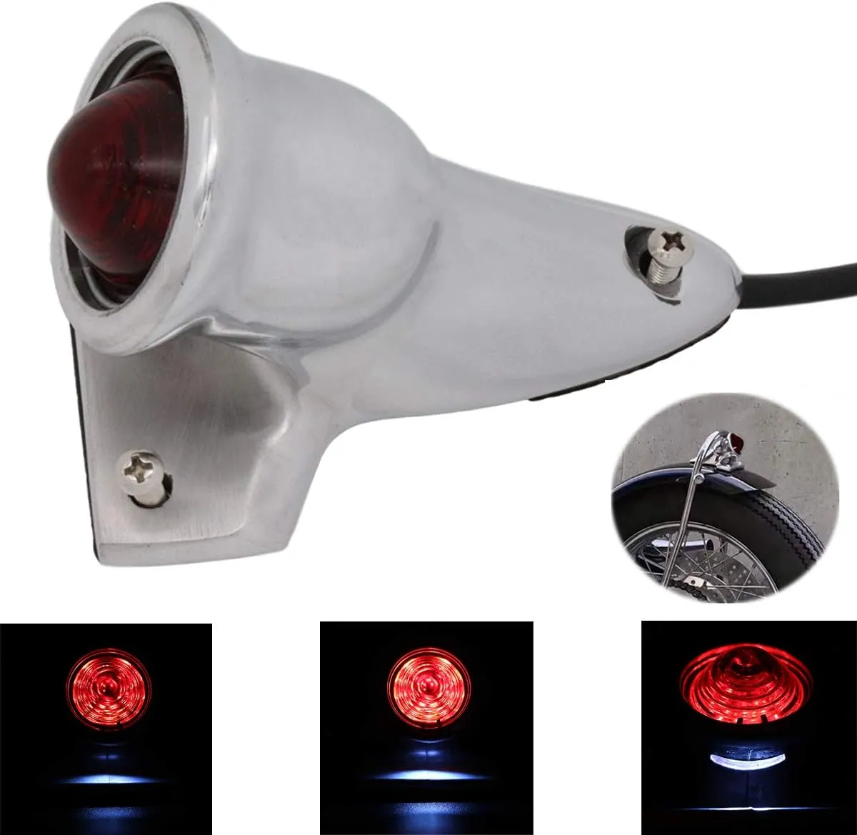 FATECIM Vintage Old School LED Custom Motorcycle Tail Light Electric Bicycle Light Grille Ribbed Round Rear Lamp Brake Light Red Lens Universal for Harley Bobber Chopper Bobber Cafe Racer