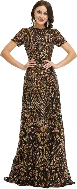 FCOMES Women's Short Sleeves Sequins Mermaid Evening Dress Formal Party Prom Gowns