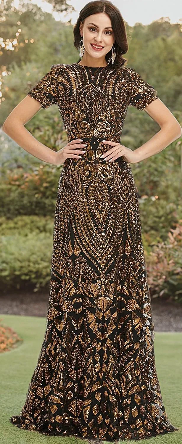 FCOMES Women's Short Sleeves Sequins Mermaid Evening Dress Formal Party Prom Gowns