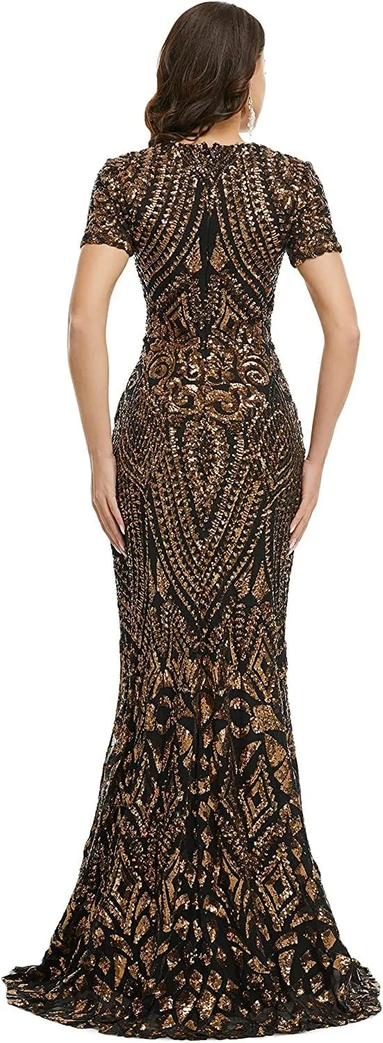 FCOMES Women's Short Sleeves Sequins Mermaid Evening Dress Formal Party Prom Gowns
