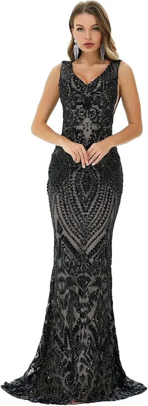 FCOMES Women's Short Sleeves Sequins Mermaid Evening Dress Formal Party Prom Gowns