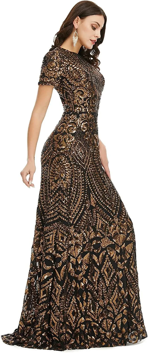FCOMES Women's Short Sleeves Sequins Mermaid Evening Dress Formal Party Prom Gowns