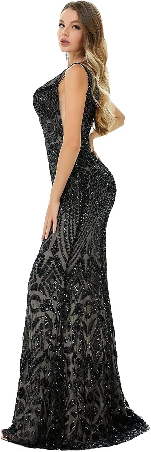 FCOMES Women's Short Sleeves Sequins Mermaid Evening Dress Formal Party Prom Gowns