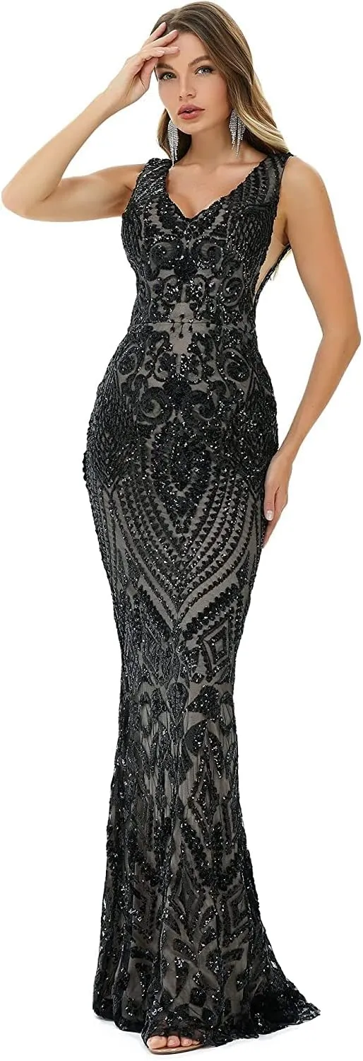 FCOMES Women's Short Sleeves Sequins Mermaid Evening Dress Formal Party Prom Gowns