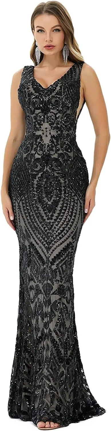 FCOMES Women's Short Sleeves Sequins Mermaid Evening Dress Formal Party Prom Gowns