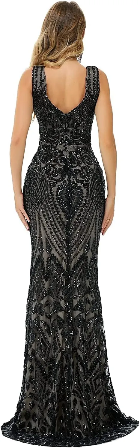 FCOMES Women's Short Sleeves Sequins Mermaid Evening Dress Formal Party Prom Gowns