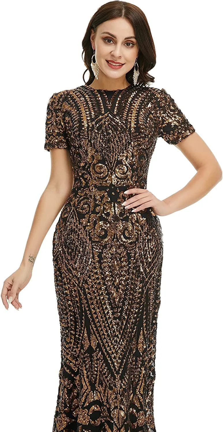 FCOMES Women's Short Sleeves Sequins Mermaid Evening Dress Formal Party Prom Gowns