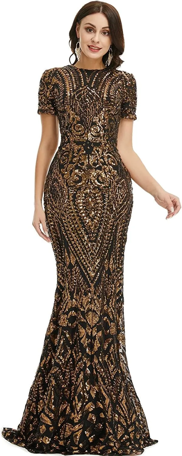 FCOMES Women's Short Sleeves Sequins Mermaid Evening Dress Formal Party Prom Gowns