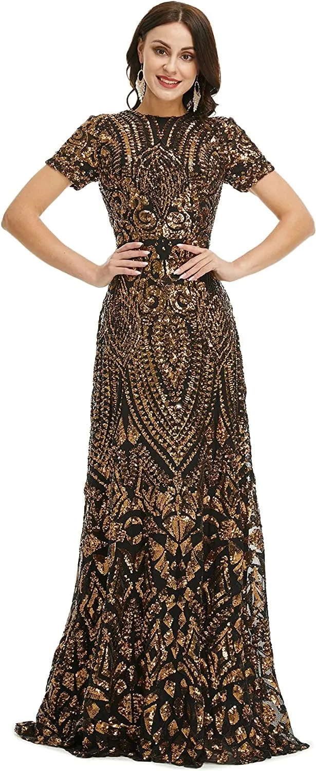 FCOMES Women's Short Sleeves Sequins Mermaid Evening Dress Formal Party Prom Gowns