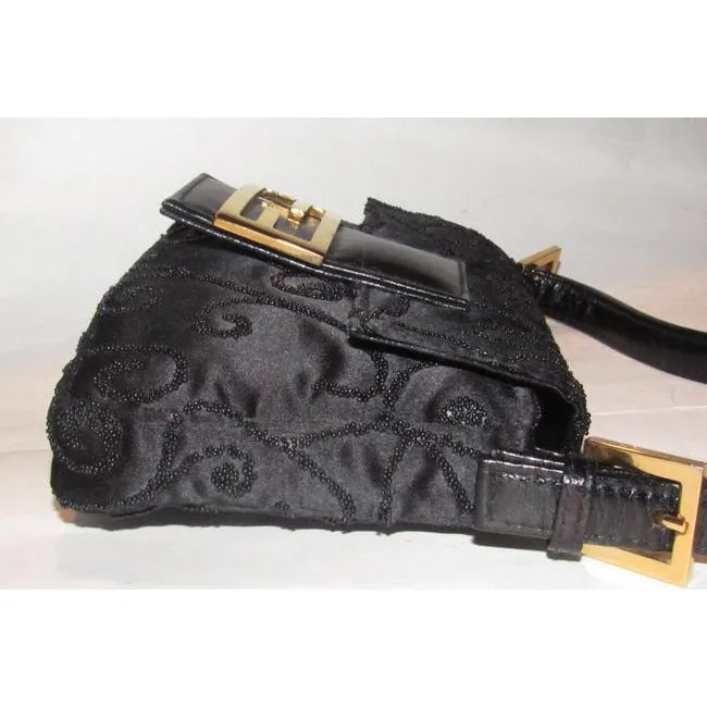 Fendi Purses Black Satin And Leather With Geometric Beaded Embellishments Beading Baguette
