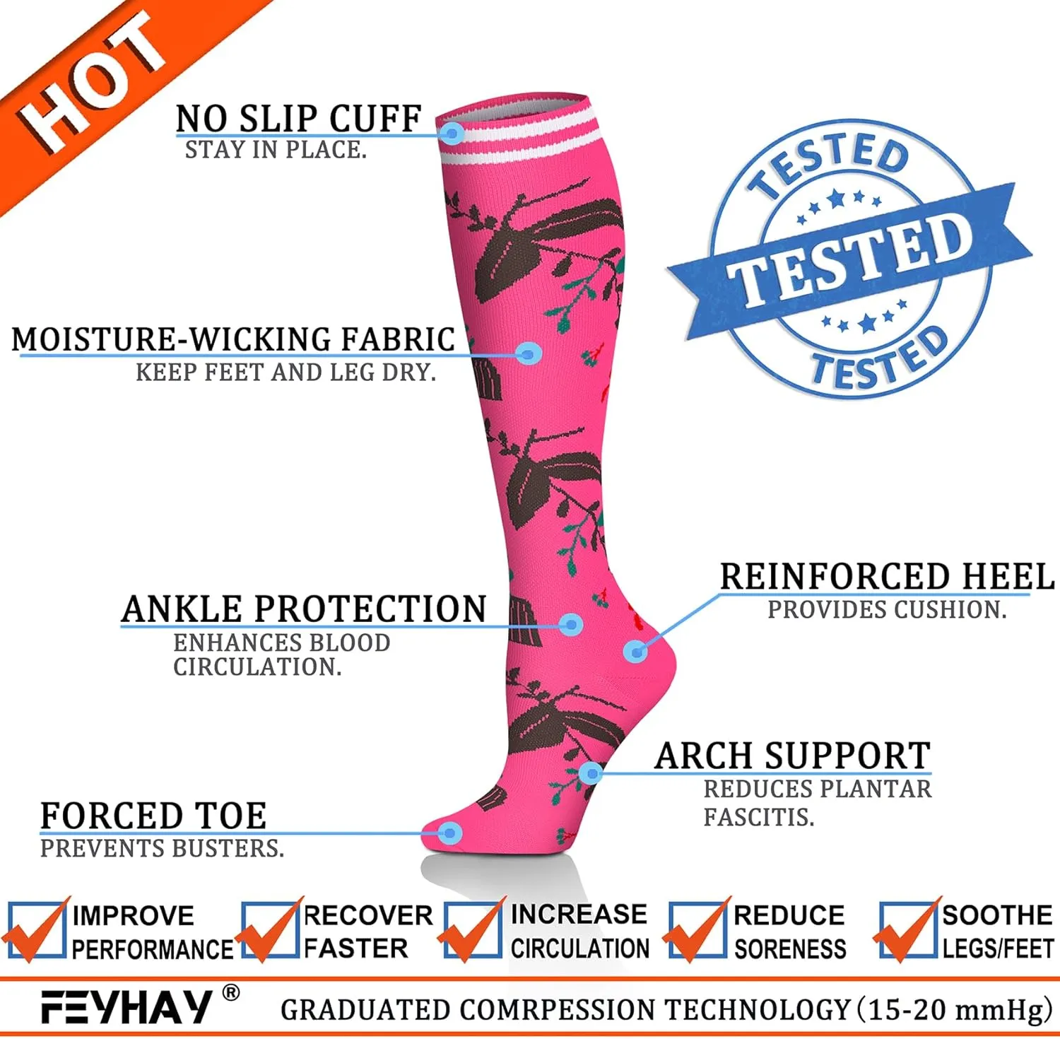 FEYHAY Copper Compression Socks (8 Pairs) 15-20 mmHg Circulation is Best Athletic & Daily for Men & Women, Running, Climbing