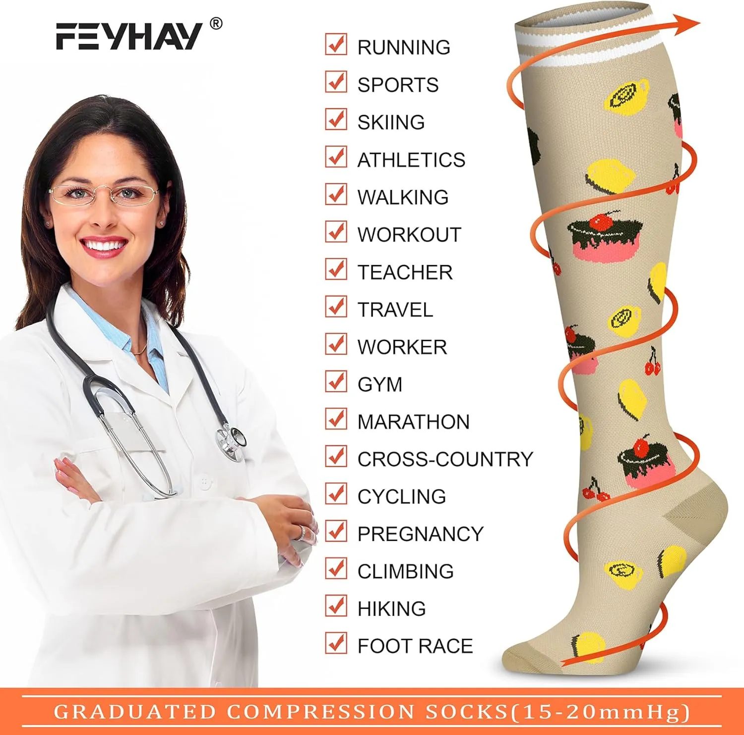 FEYHAY Copper Compression Socks (8 Pairs) 15-20 mmHg Circulation is Best Athletic & Daily for Men & Women, Running, Climbing