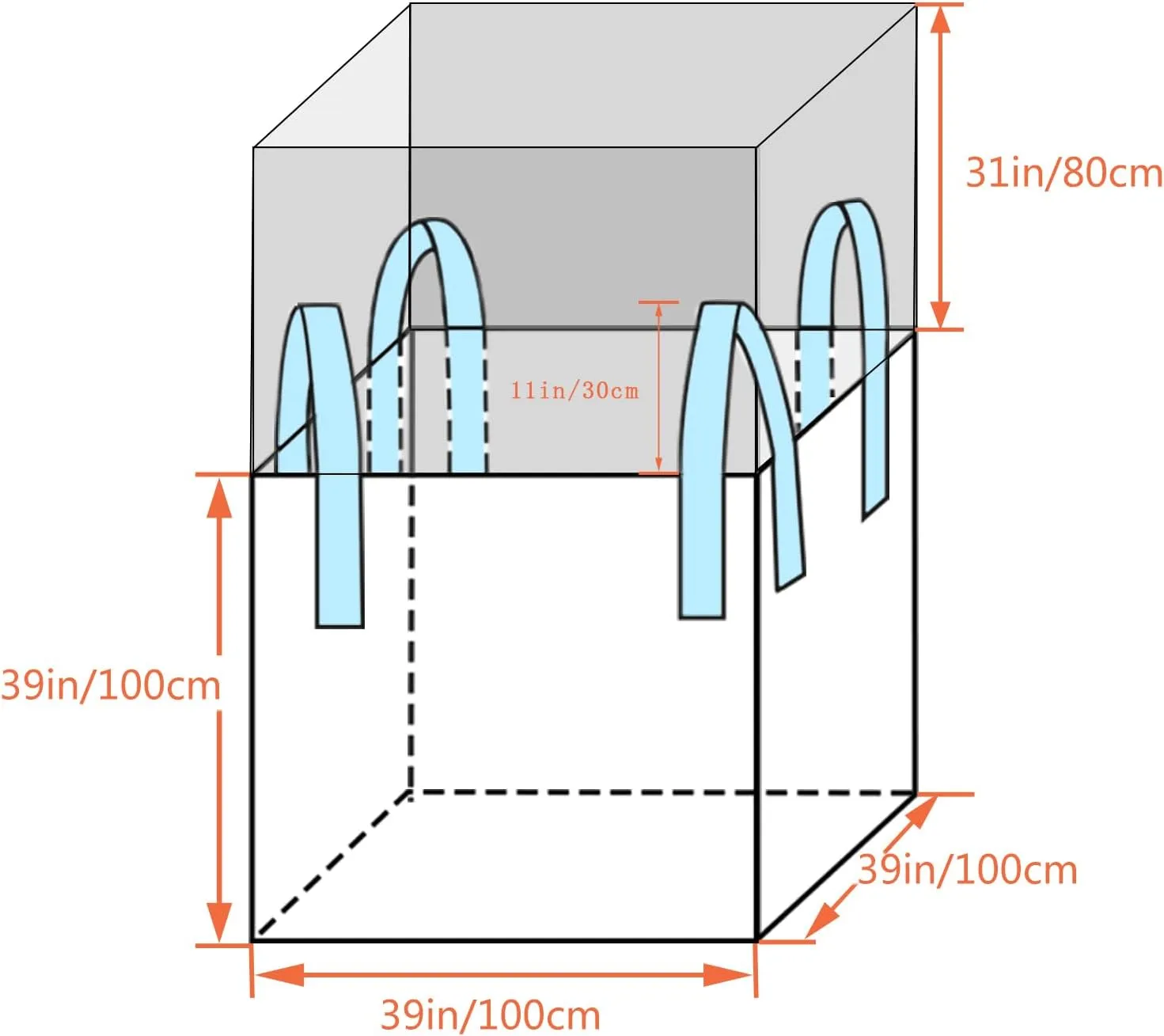 FIBC Bulk Bag - 2650 lbs Capacity, 39x39x39 inches, Polypropylene (PP), Open Top, White, Rectangular, Reusable, 10-Pack