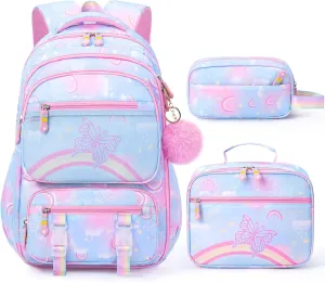 Fimibuke Kids Backpack for School Girls, 3PCS Rainbow & Butterflies Teen Girls Backpack with Lunch Box & Pencil Case, Cute Bookbag School Bag for Kindergarten Elementary Middle School Student Ages 5 