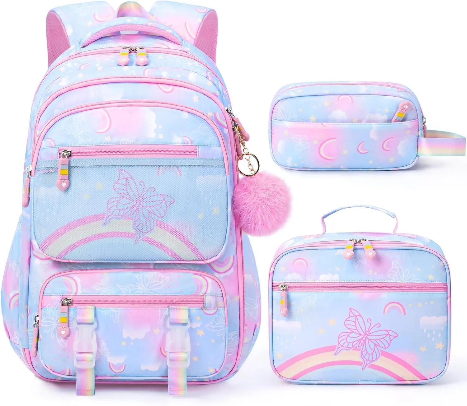 Fimibuke Kids Backpack for School Girls, 3PCS Rainbow & Butterflies Teen Girls Backpack with Lunch Box & Pencil Case, Cute Bookbag School Bag for Kindergarten Elementary Middle School Student Ages 5 