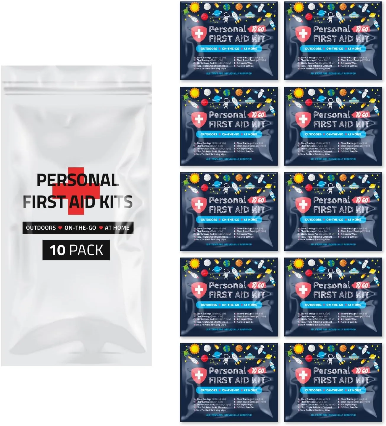 First Aid Emergency Medical Kit Mini and Travel Size - 10 Pack | Great for Kids, Schools, Business, Hiking, Camping | Wound Care Products (Space)