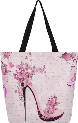 Flower High Heels Large Capacity Canvas Tote Bag Stylish Handheld Shoulder Bag Reusable Shopping Bag for Work Travel Beach Trips Shopping