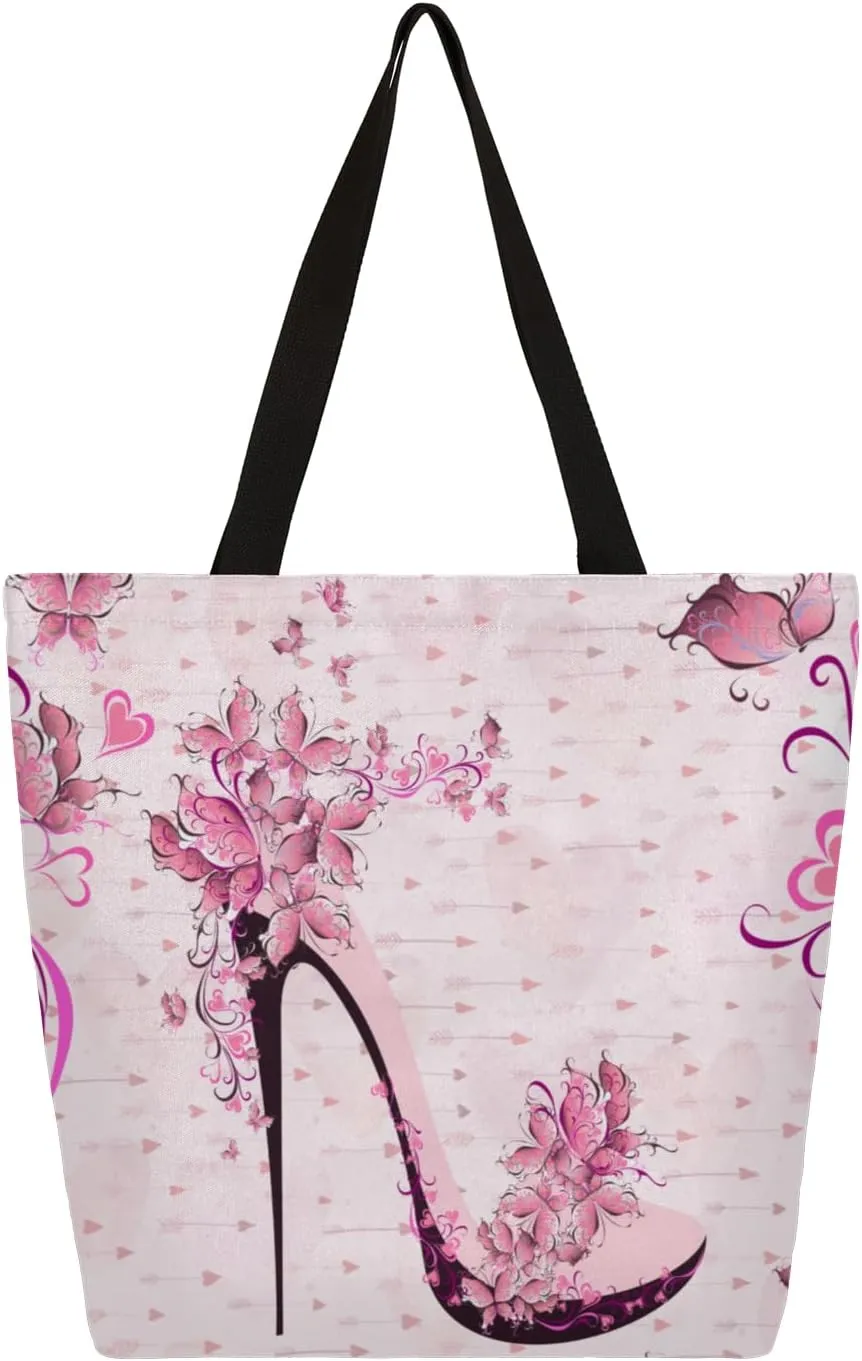 Flower High Heels Large Capacity Canvas Tote Bag Stylish Handheld Shoulder Bag Reusable Shopping Bag for Work Travel Beach Trips Shopping