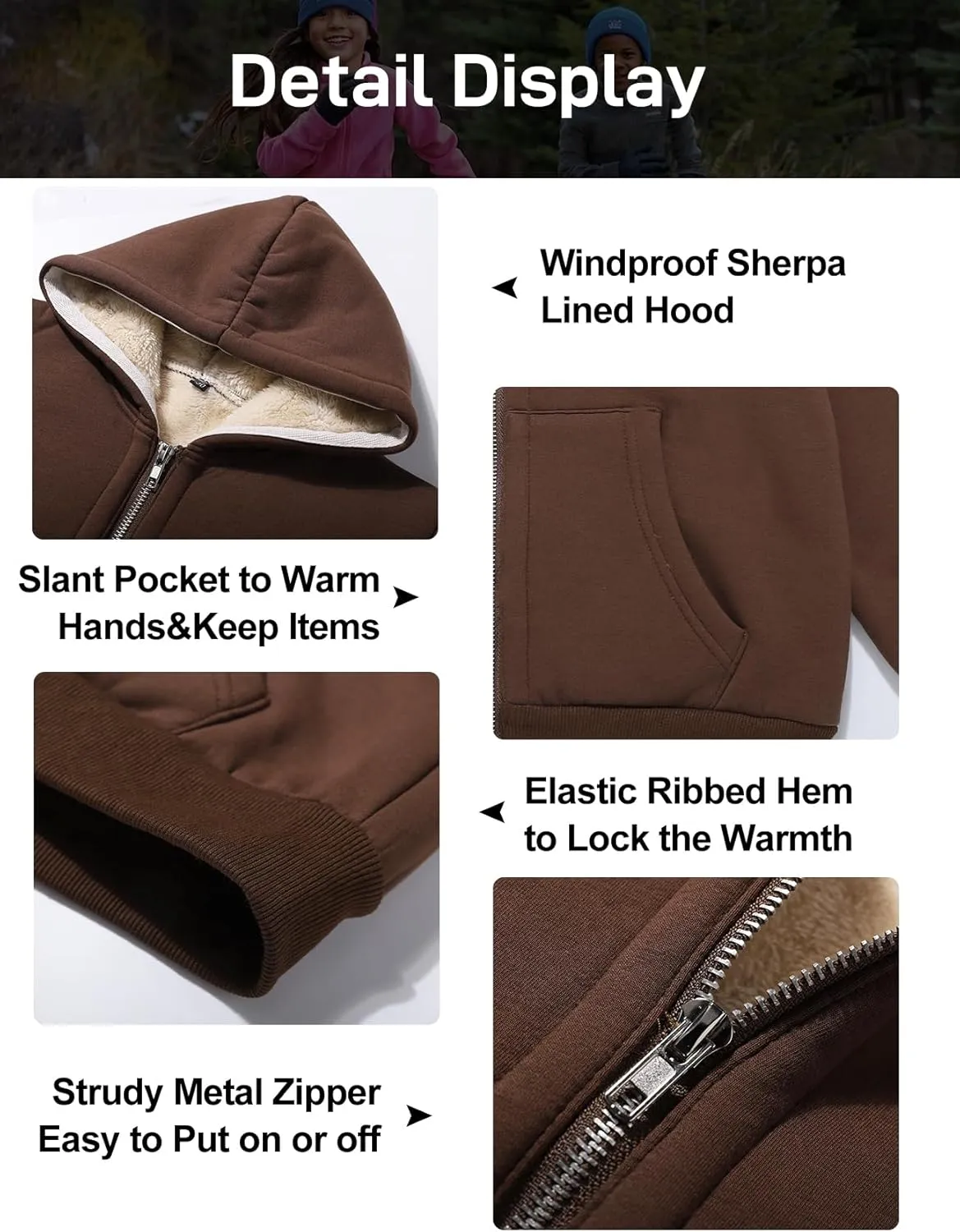 Flygo Unisex Boys Girls Fleece Jacket Hoodie Sherpa Lined Zip Up Hooded Sweatshirt Kids Winter Jackets 5-15Y