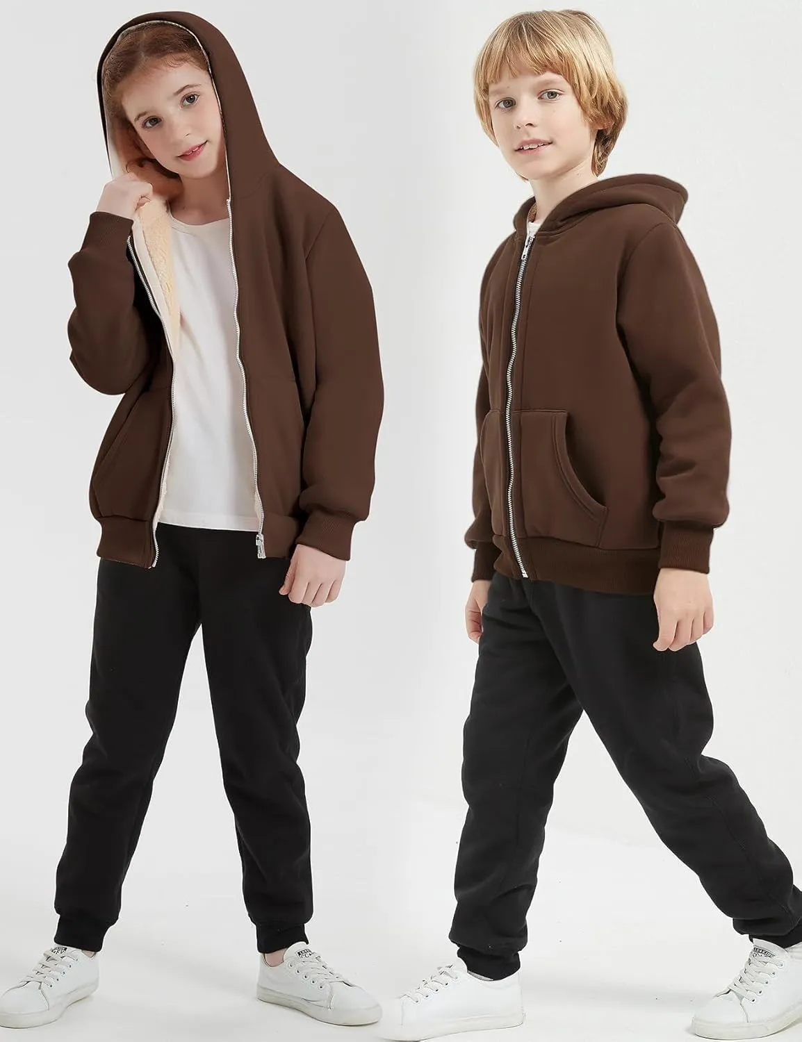 Flygo Unisex Boys Girls Fleece Jacket Hoodie Sherpa Lined Zip Up Hooded Sweatshirt Kids Winter Jackets 5-15Y