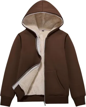 Flygo Unisex Boys Girls Fleece Jacket Hoodie Sherpa Lined Zip Up Hooded Sweatshirt Kids Winter Jackets 5-15Y
