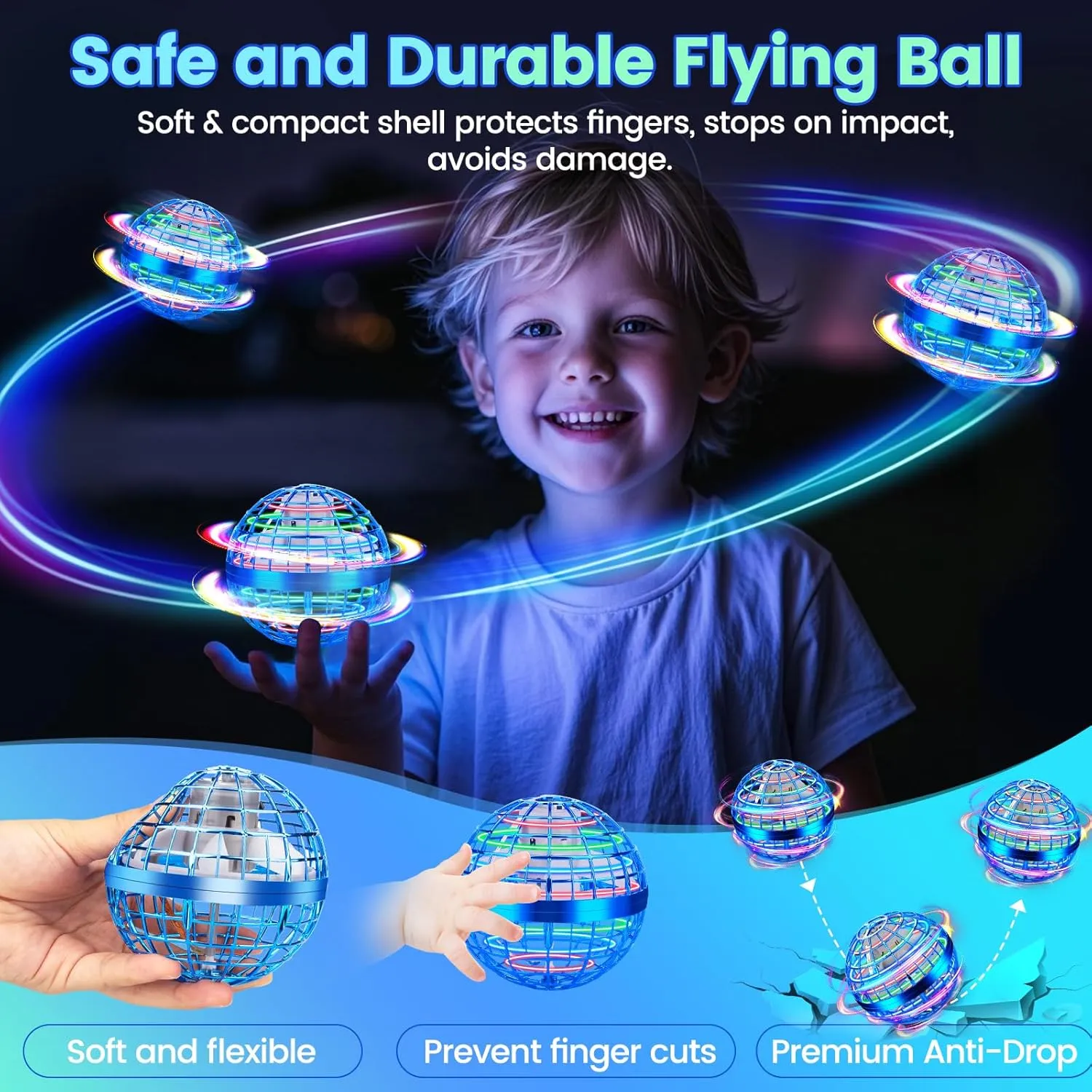 Flying Orb Ball Toy, Hand Controlled Hover Ball with LED Lights, 360° Rotating Boomerang Globe, Mini Drone Spinner for Kids, Ideal Birthday & Festival Gift for Boys Girls, 2 Pack - Blue&Blue
