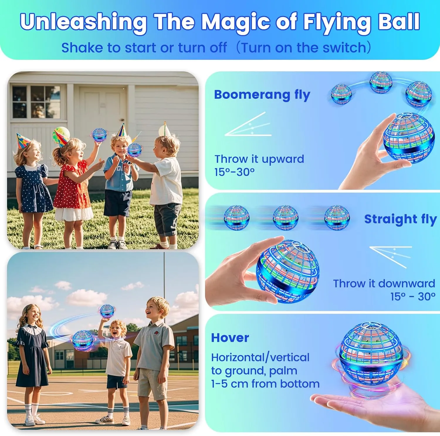 Flying Orb Ball Toy, Hand Controlled Hover Ball with LED Lights, 360° Rotating Boomerang Globe, Mini Drone Spinner for Kids, Ideal Birthday & Festival Gift for Boys Girls, 2 Pack - Blue&Blue