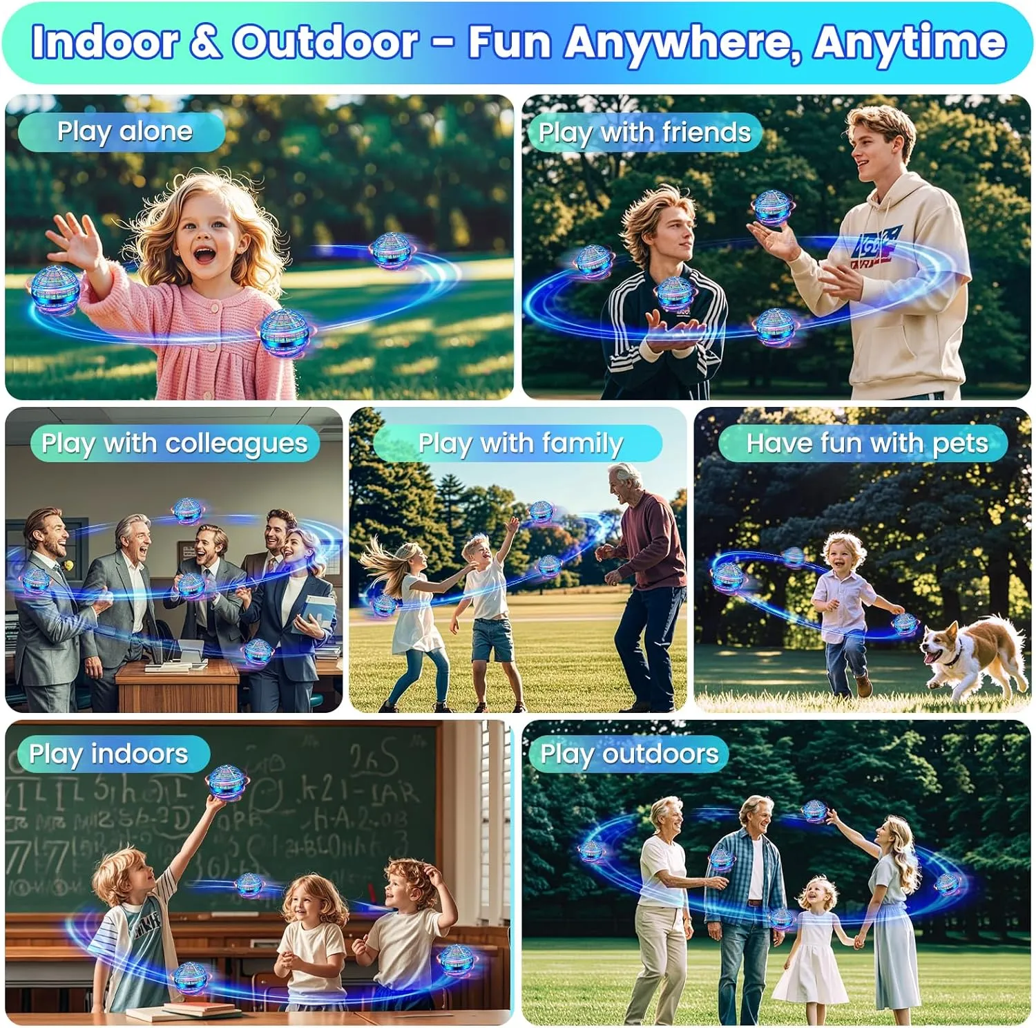 Flying Orb Ball Toy, Hand Controlled Hover Ball with LED Lights, 360° Rotating Boomerang Globe, Mini Drone Spinner for Kids, Ideal Birthday & Festival Gift for Boys Girls, 2 Pack - Blue&Blue