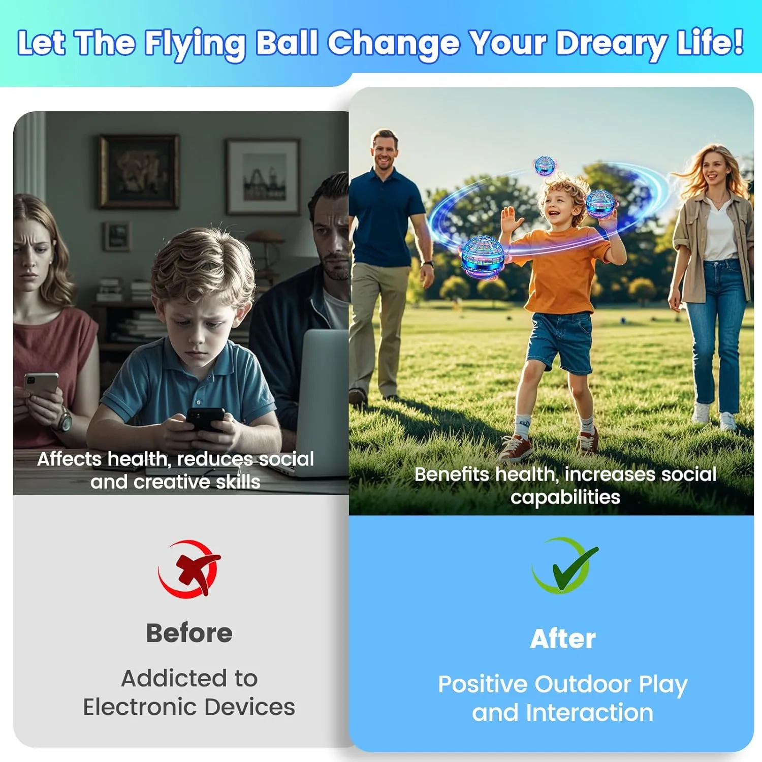 Flying Orb Ball Toy, Hand Controlled Hover Ball with LED Lights, 360° Rotating Boomerang Globe, Mini Drone Spinner for Kids, Ideal Birthday & Festival Gift for Boys Girls, 2 Pack - Blue&Blue