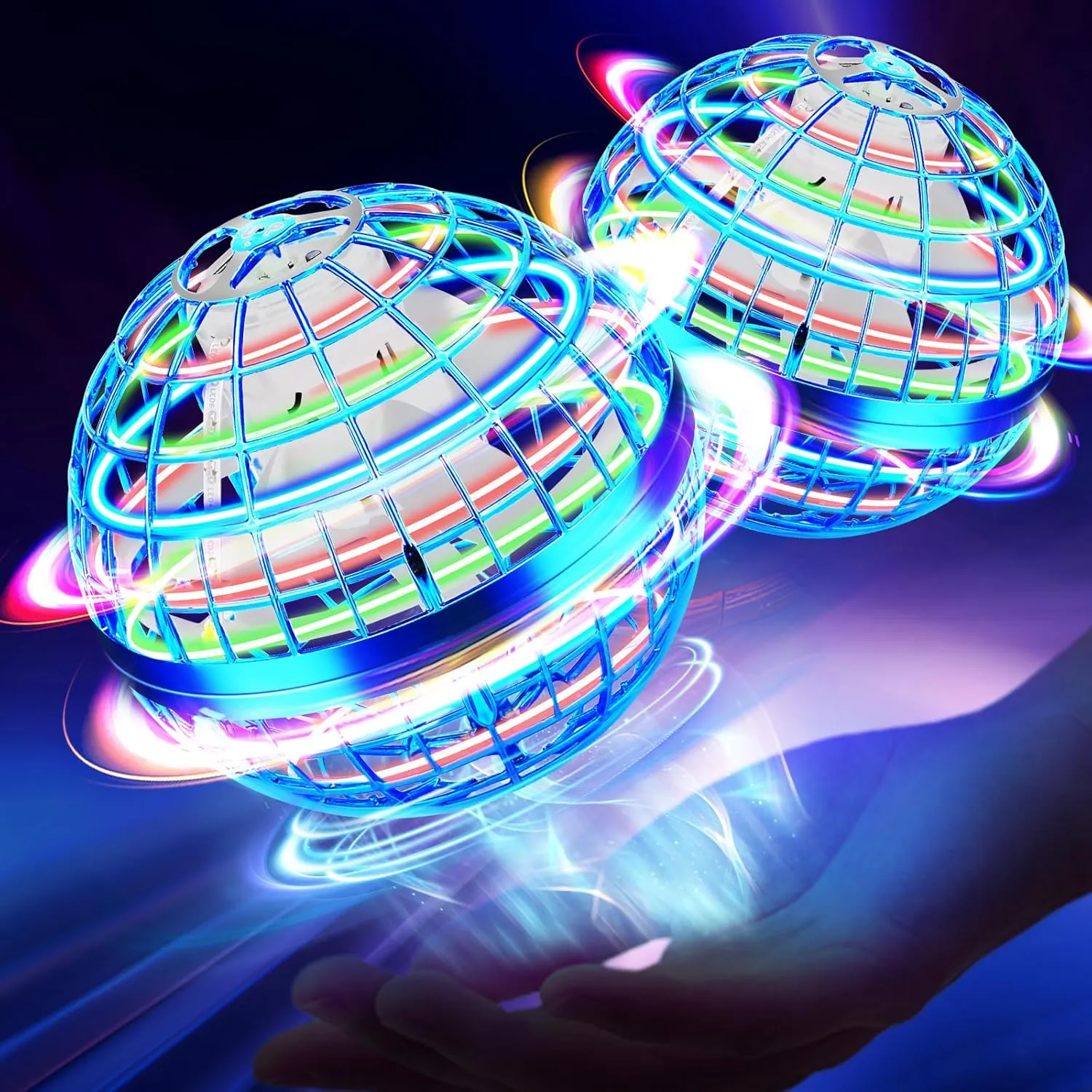 Flying Orb Ball Toy, Hand Controlled Hover Ball with LED Lights, 360° Rotating Boomerang Globe, Mini Drone Spinner for Kids, Ideal Birthday & Festival Gift for Boys Girls, 2 Pack - Blue&Blue