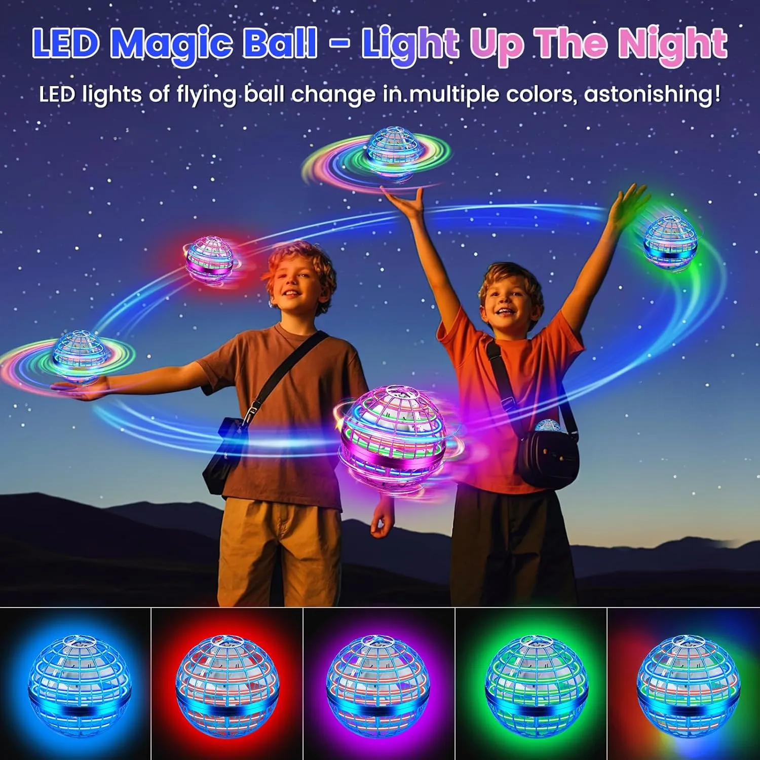Flying Orb Ball Toy, Hand Controlled Hover Ball with LED Lights, 360° Rotating Boomerang Globe, Mini Drone Spinner for Kids, Ideal Birthday & Festival Gift for Boys Girls, 2 Pack - Blue&Purple