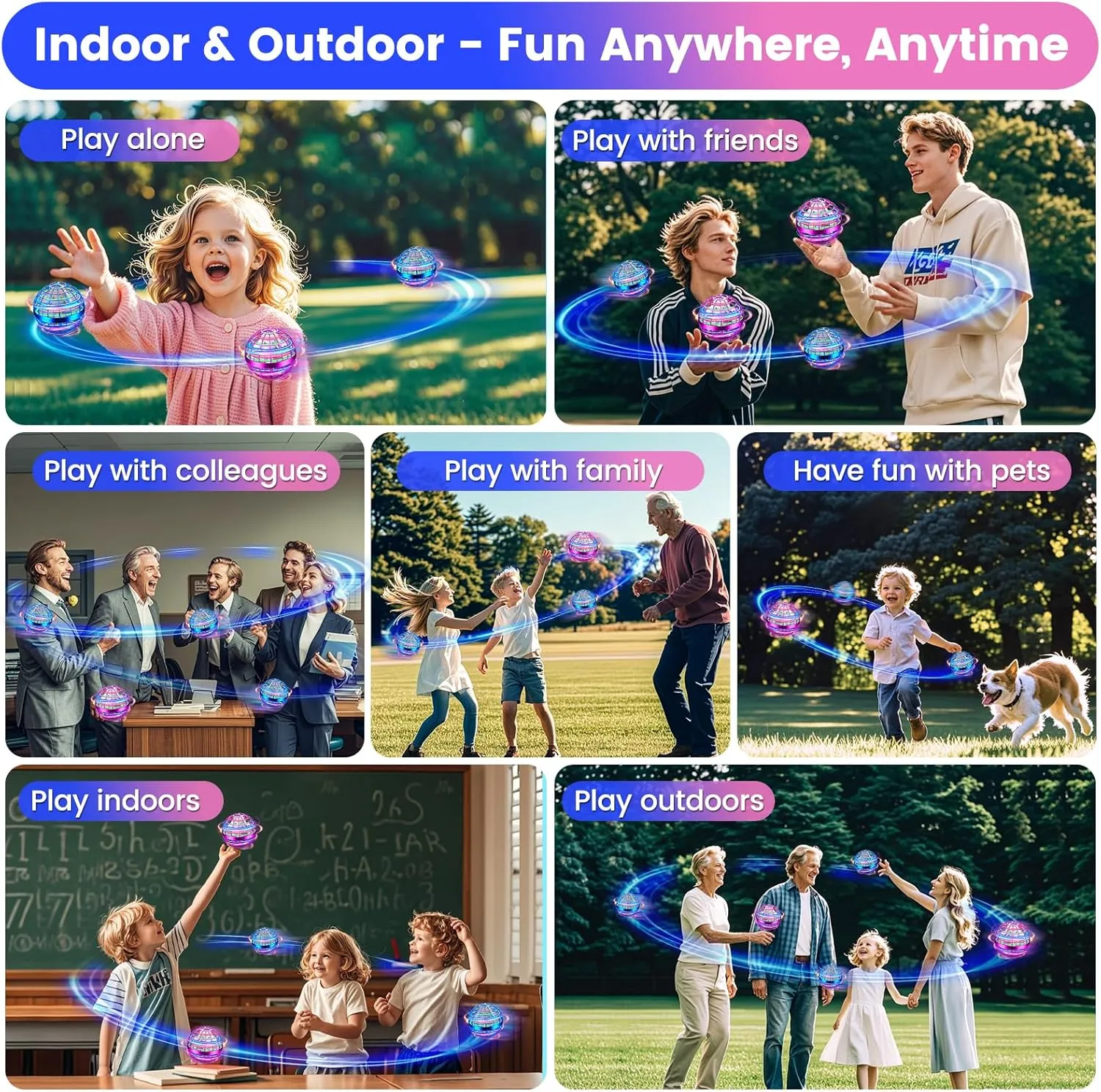 Flying Orb Ball Toy, Hand Controlled Hover Ball with LED Lights, 360° Rotating Boomerang Globe, Mini Drone Spinner for Kids, Ideal Birthday & Festival Gift for Boys Girls, 2 Pack - Blue&Purple